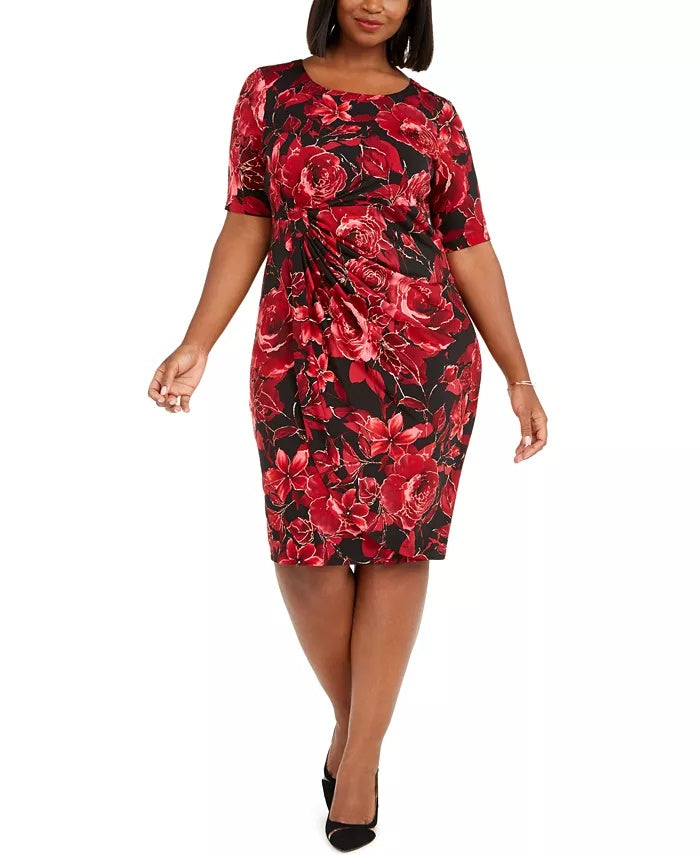 Vestido sarongue feminino com estampa floral metálica conectado, vermelho/preto, tamanho pequeno pequeno