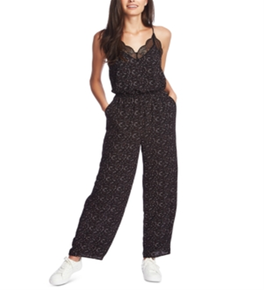 1.STATE Macacão feminino Paisley com alças finas e perna reta, preto, tamanho XX-S