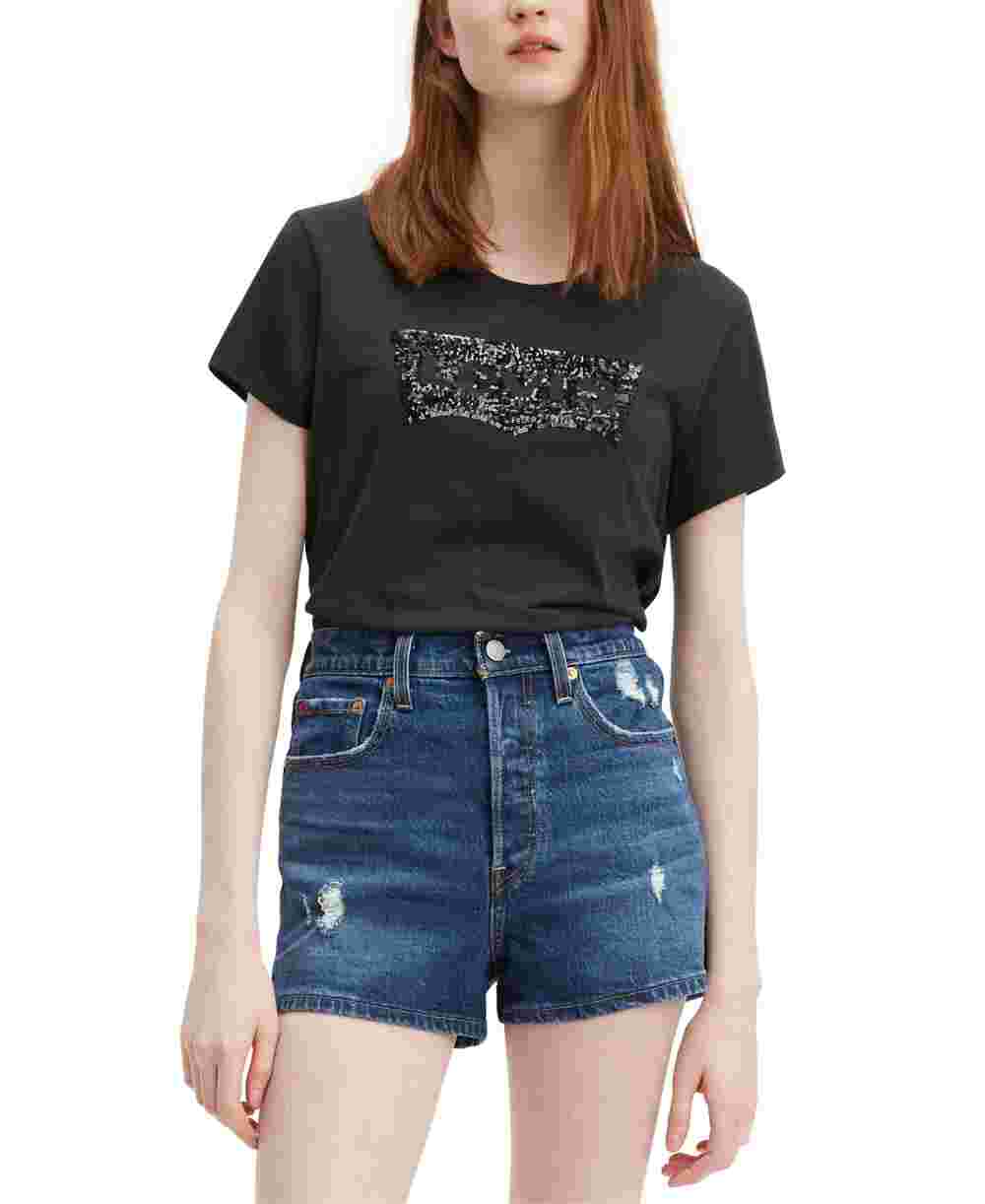 Camiseta Levi's Feminina Perfect Logo Manga Curta Gola Redonda Preta Tamanho Médio