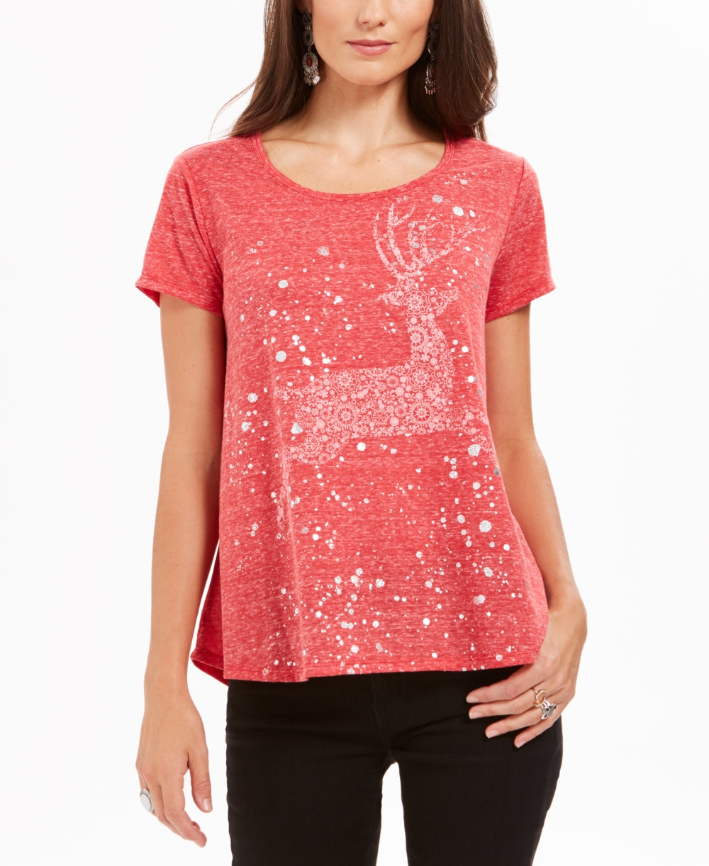 Camiseta feminina com estampa de rena Style &amp; Co, vermelha, tamanho médio