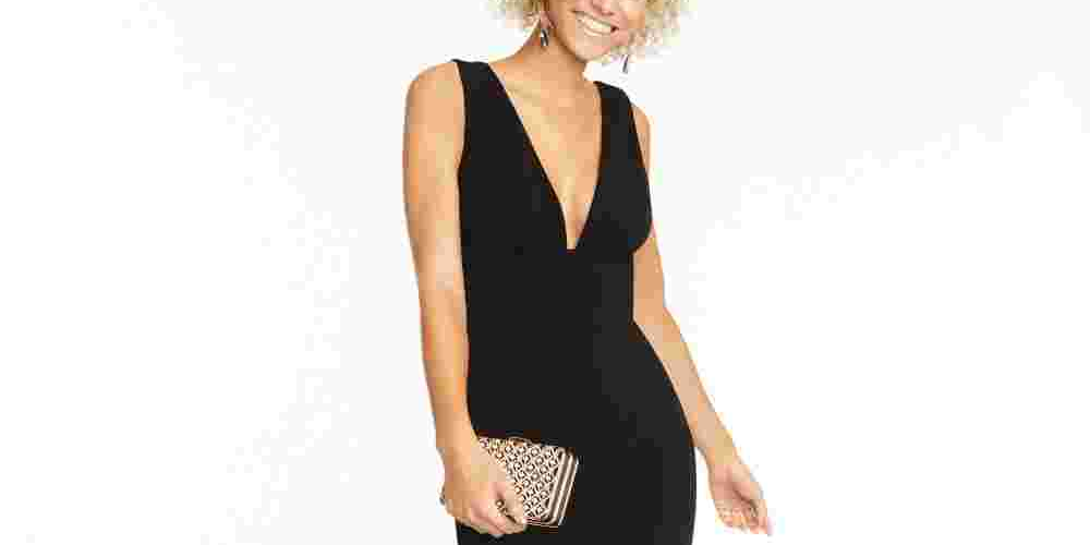 Vestido B Darlin Juniors com decote profundo e costas abertas, preto, tamanho 11/12