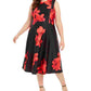 Vestido de festa Calvin Klein feminino, com zíper, floral, sem mangas, gola alta, midi, estilo flare, vermelho, tamanho 14W