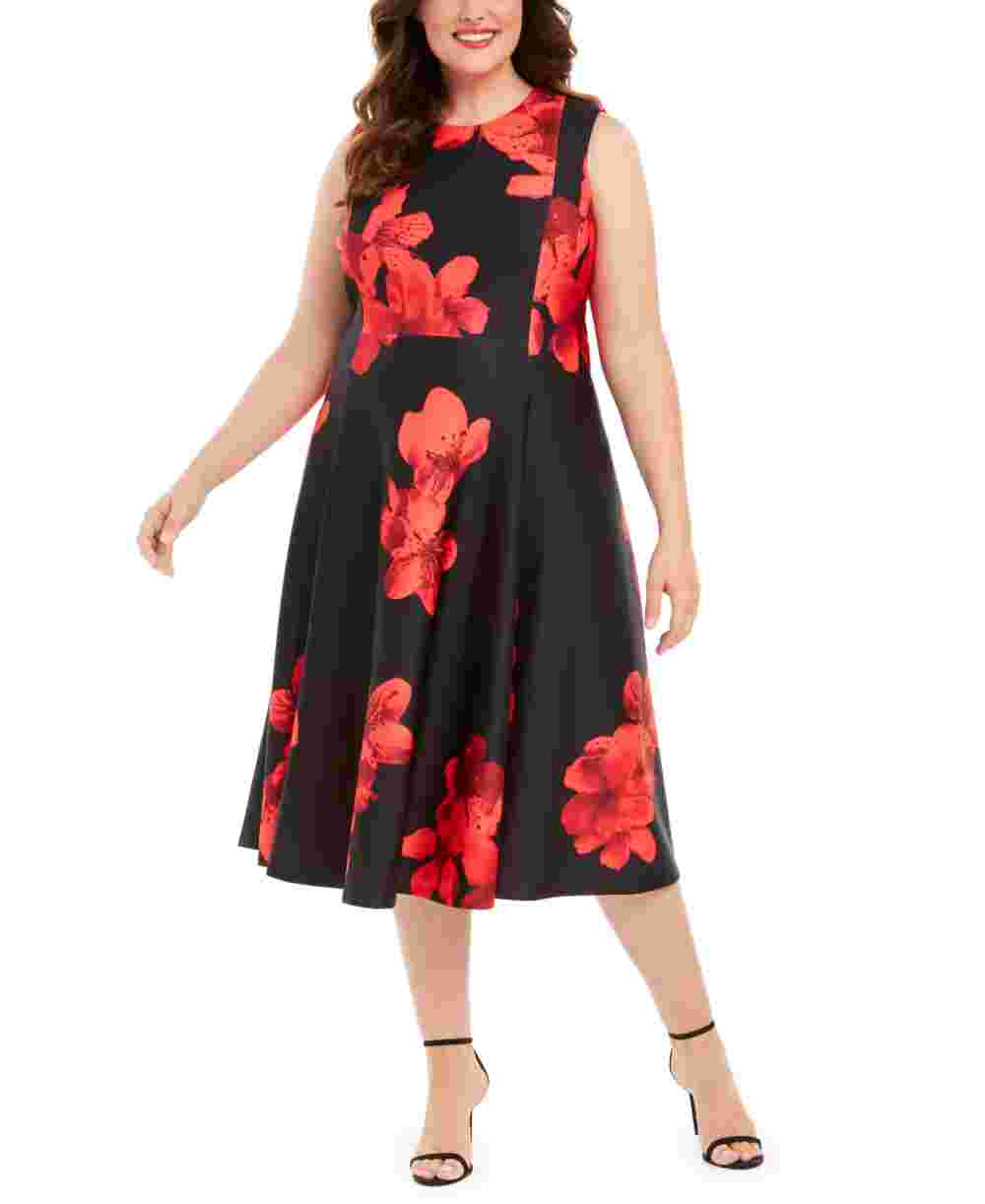 Vestido de festa Calvin Klein feminino, com zíper, floral, sem mangas, gola alta, midi, estilo flare, vermelho, tamanho 14W