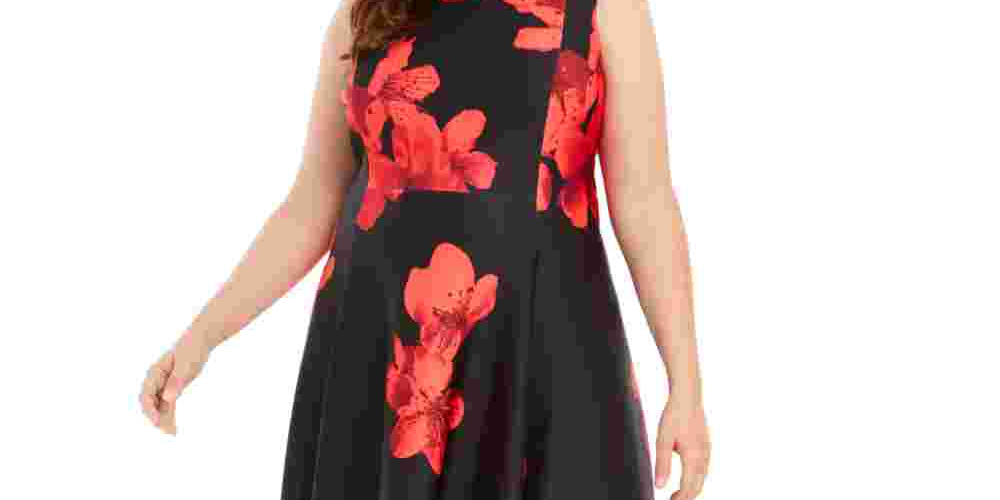 Vestido de festa Calvin Klein feminino, com zíper, floral, sem mangas, gola alta, midi, estilo flare, vermelho, tamanho 14W