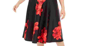 Vestido de festa Calvin Klein feminino, com zíper, floral, sem mangas, gola alta, midi, estilo flare, vermelho, tamanho 14W