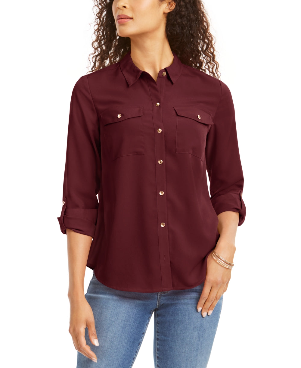Camisa feminina pequena e lisa com botões Charter Club, vinho, tamanho G