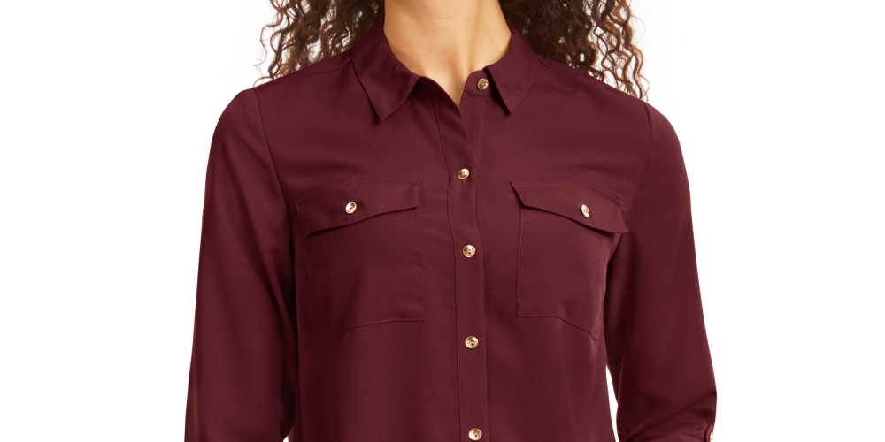 Camisa feminina pequena e lisa com botões Charter Club, vinho, tamanho G