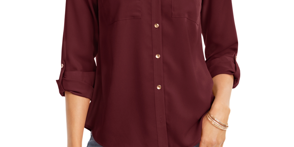 Camisa feminina pequena e lisa com botões Charter Club, vinho, tamanho G