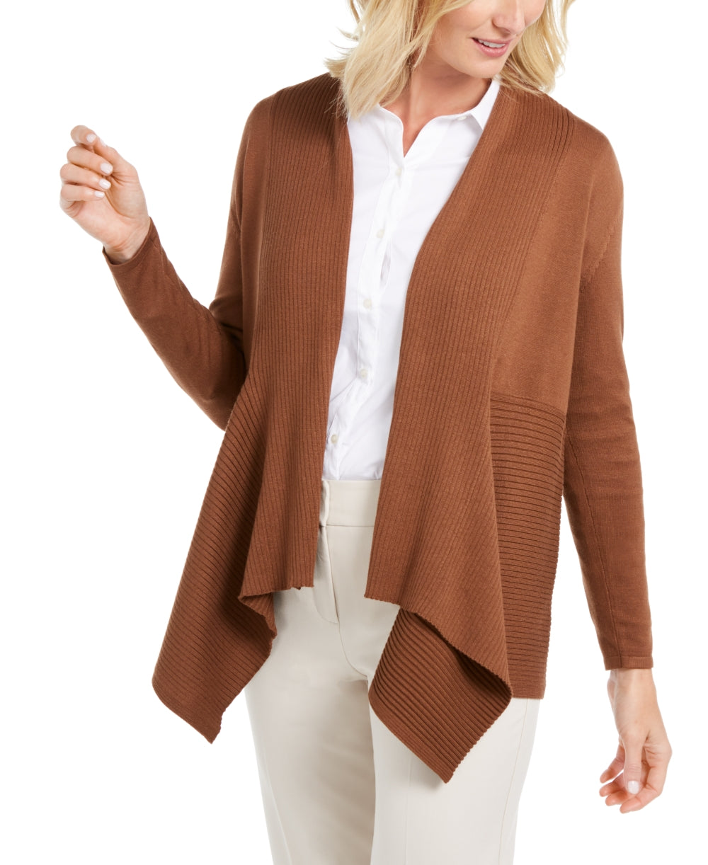 Cardigan feminino canelado com bainha de lenço JM Collection marrom tamanho XX-G