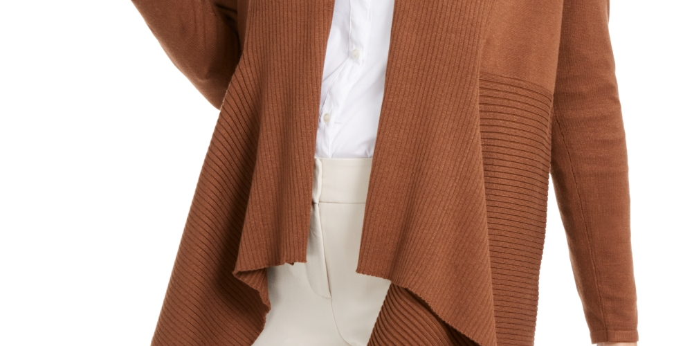 Cardigan feminino canelado com bainha de lenço JM Collection marrom tamanho XX-G