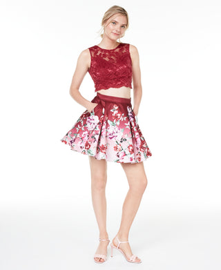 Trixxi Juniors' 2-Pc. Lace Floral-Print Fit & Flare Dress Wine Size 9
