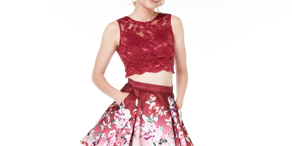 Vestido Trixxi Juniors 2 peças, renda, estampa floral, justo e evasê, tamanho 9, vinho