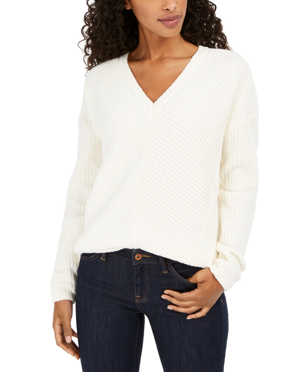 Suéter feminino Lucky Brand Chenille com decote em V, branco, tamanho X-S