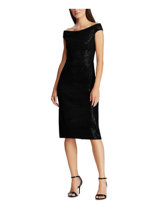 Vestido de festa feminino Ralph Lauren, sem mangas, com lantejoulas, ombro de fora, comprimento até o joelho, preto, tamanho 4