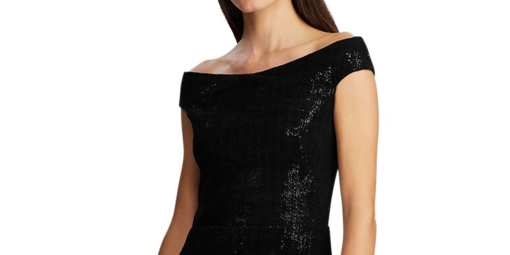 Vestido de festa feminino Ralph Lauren, sem mangas, com lantejoulas, ombro de fora, comprimento até o joelho, preto, tamanho 4
