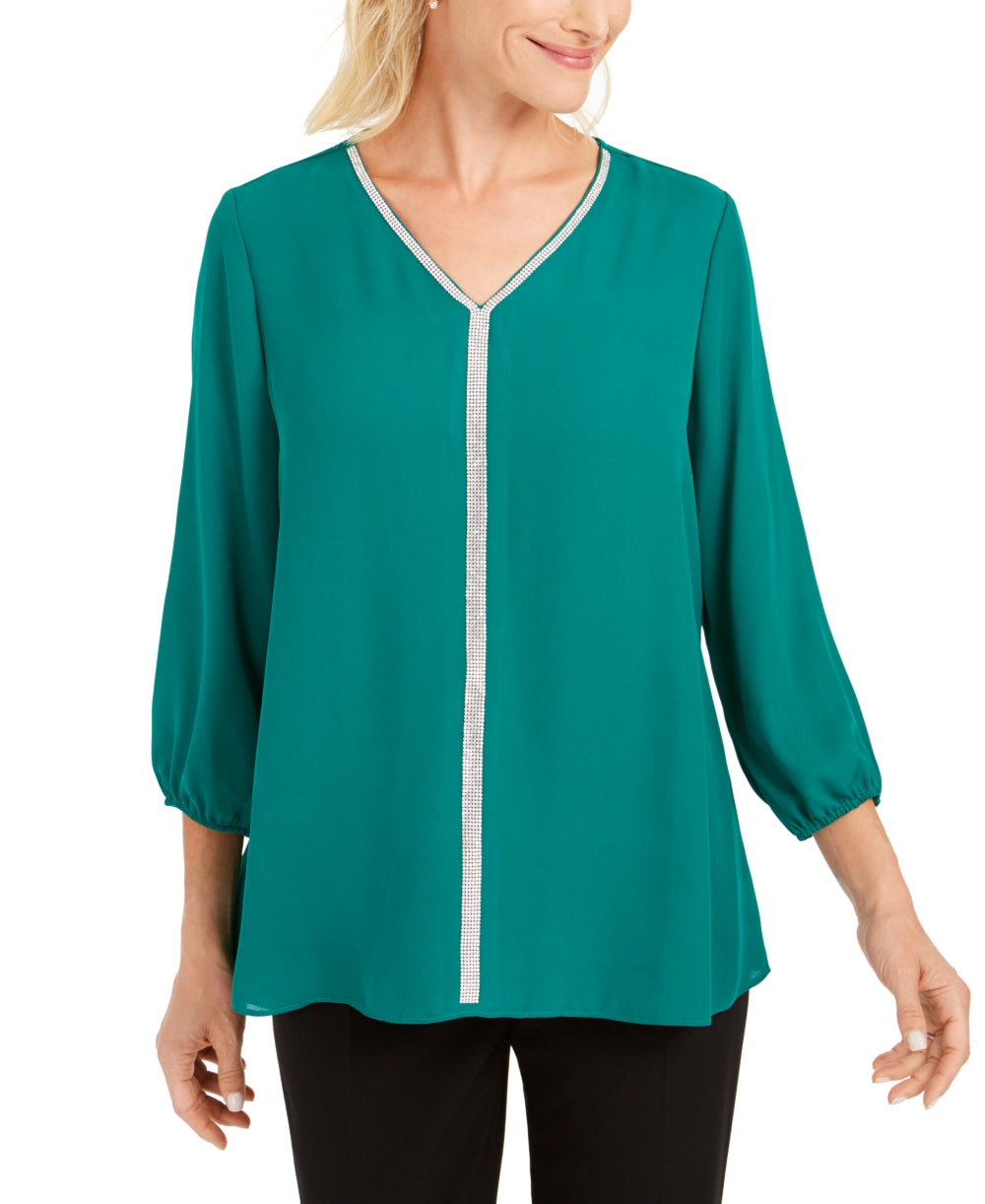 Blusa feminina com bainha em camadas e joias da coleção JM, verde, tamanho extragrande