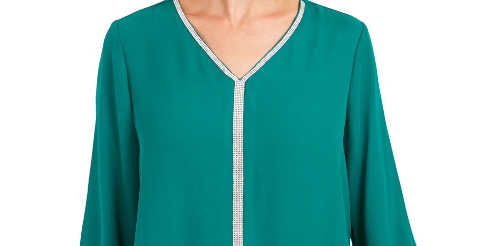 Blusa feminina com bainha em camadas e joias da coleção JM, verde, tamanho extragrande