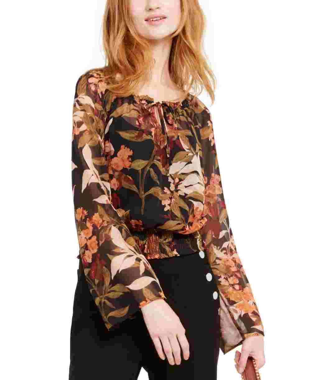 INC International Concepts Blusa camponesa franzida feminina, preta, tamanho pequeno