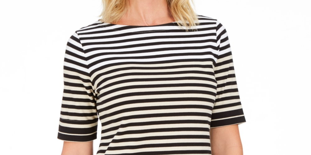 Karen Scott Blusa feminina listrada com mangas curtas e cotovelo, bege, tamanho pequeno