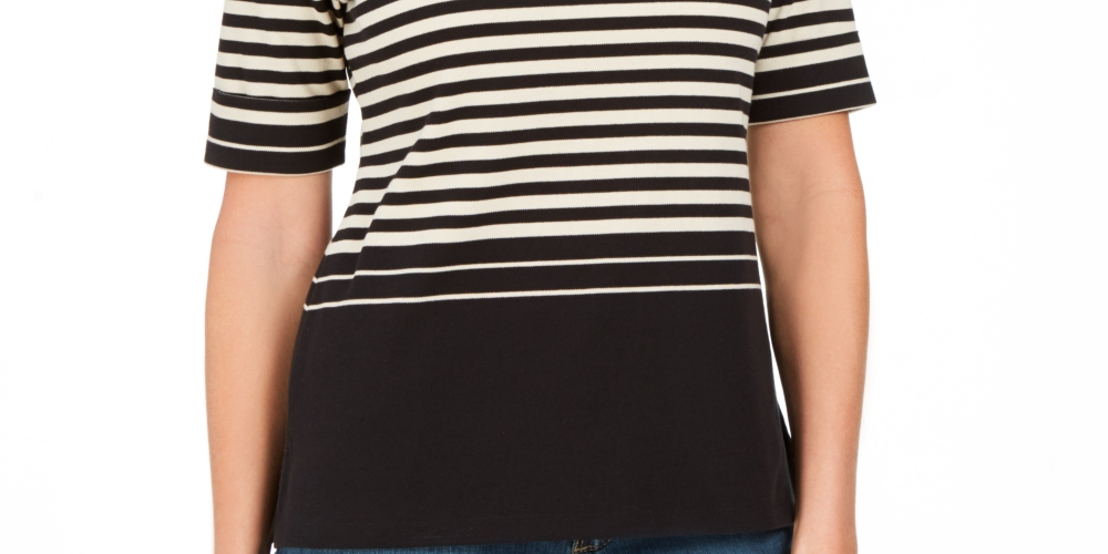 Karen Scott Blusa feminina listrada com mangas curtas e cotovelo, bege, tamanho pequeno