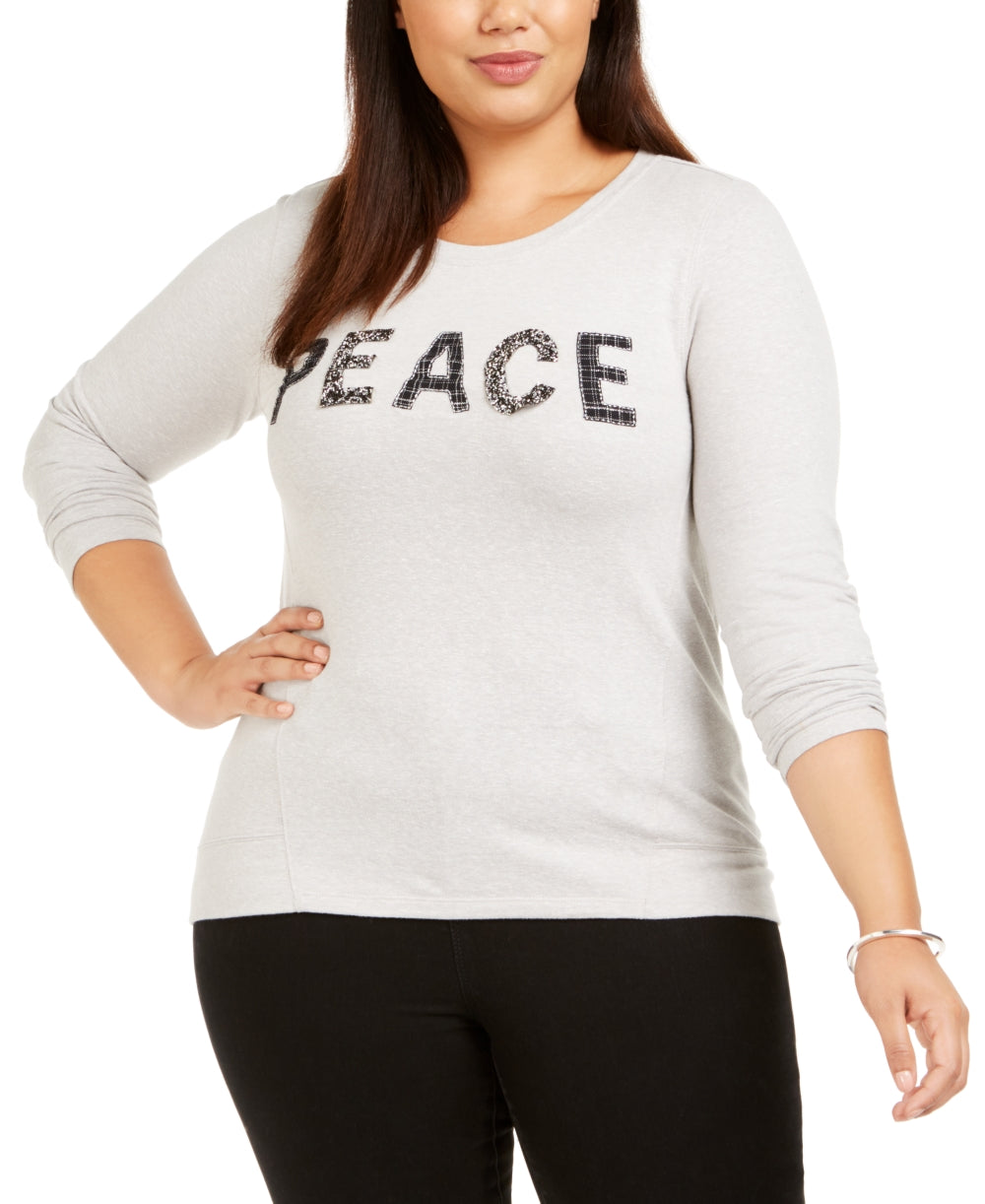 Blusa feminina plus size com manga comprida e detalhes embelezados, cinza, tamanho 1X