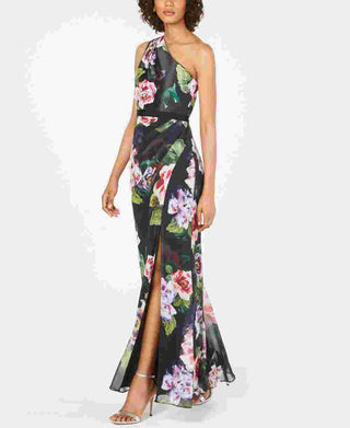 Adrianna Papell Women's Floral-Print One-Shoulder Gown Black /Rose  Size 2