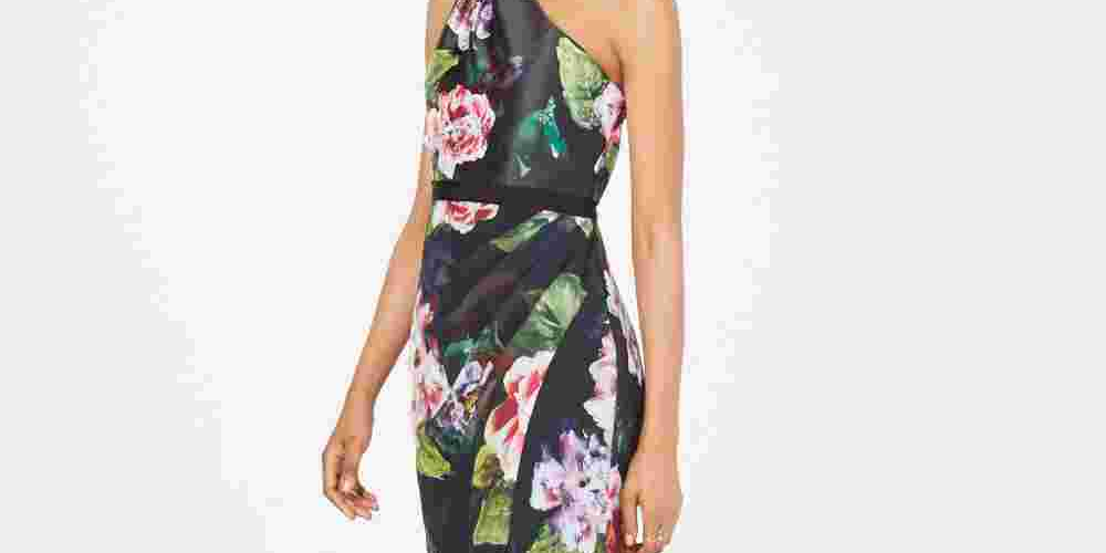 Vestido de um ombro só com estampa floral feminino Adrianna Papell, preto/rosa, tamanho 2