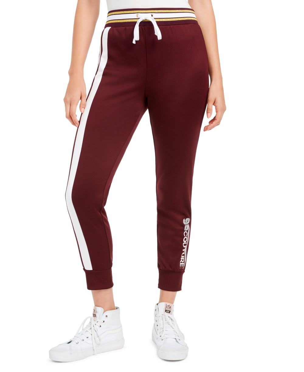 Calça de moletom feminina Juicy Couture de algodão com listras laterais, vinho/branco/dourado, tamanho médio