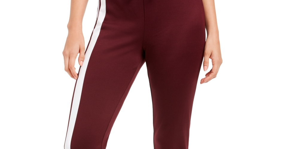 Calça de moletom feminina Juicy Couture de algodão com listras laterais, vinho/branco/dourado, tamanho médio