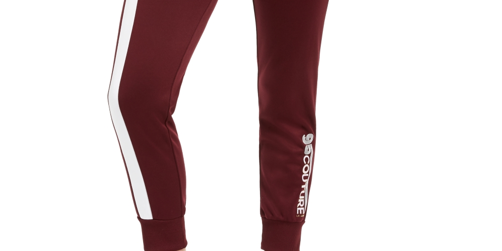 Calça de moletom feminina Juicy Couture de algodão com listras laterais, vinho/branco/dourado, tamanho médio