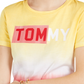 Camiseta feminina Tommy Hilfiger com estampa de logo, manga curta e gola redonda, preta/branca, tamanho GG