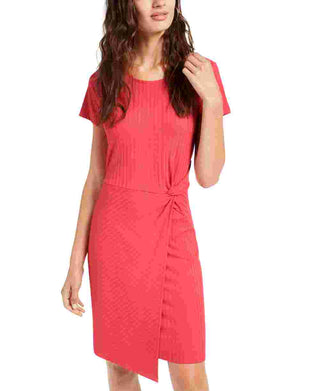 Vestido tubinho acima do joelho com estampa de nervuras coral Ultra Flirt feminino, manga curta, gola redonda, vermelho, tamanho X-S