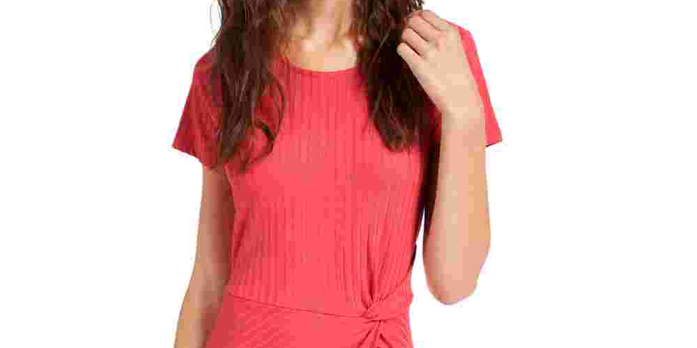 Vestido tubinho acima do joelho com estampa de nervuras coral Ultra Flirt feminino, manga curta, gola redonda, vermelho, tamanho X-S
