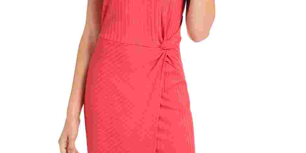 Vestido tubinho acima do joelho com estampa de nervuras coral Ultra Flirt feminino, manga curta, gola redonda, vermelho, tamanho X-S