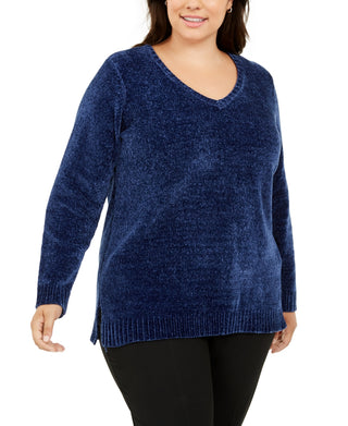 Karen Scott Suéter Feminino Plus Chenille Gola V Azul Tamanho 0X