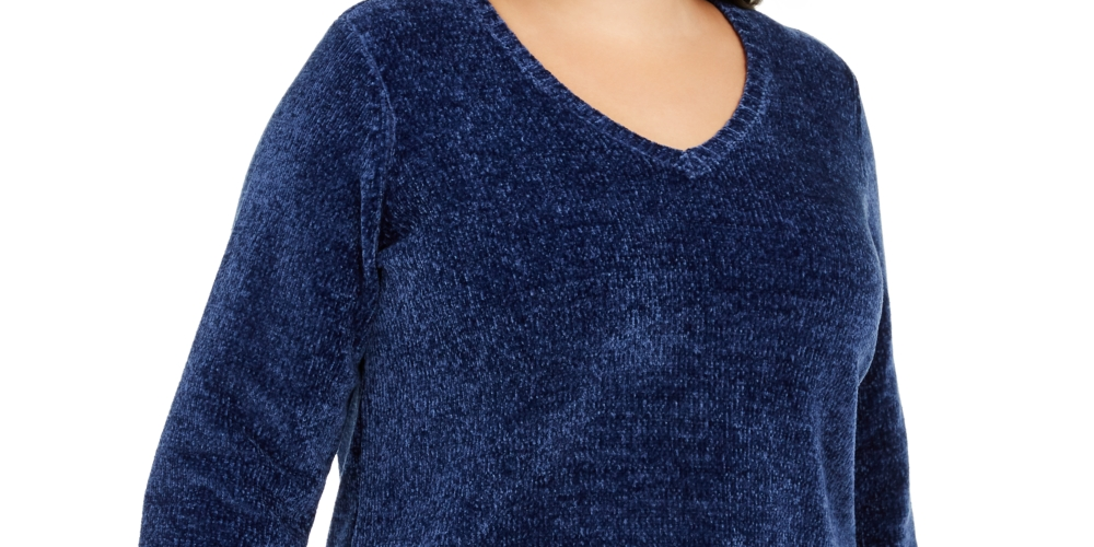 Karen Scott Suéter Feminino Plus Chenille Gola V Azul Tamanho 0X