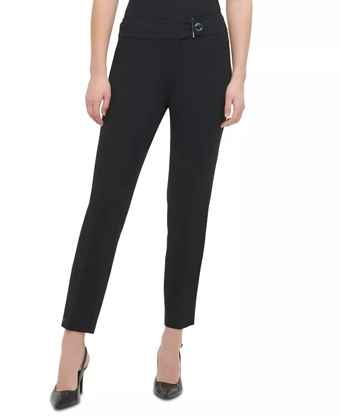 Calça feminina Calvin Klein com botões frontais e perna reta, preta, tamanho 4