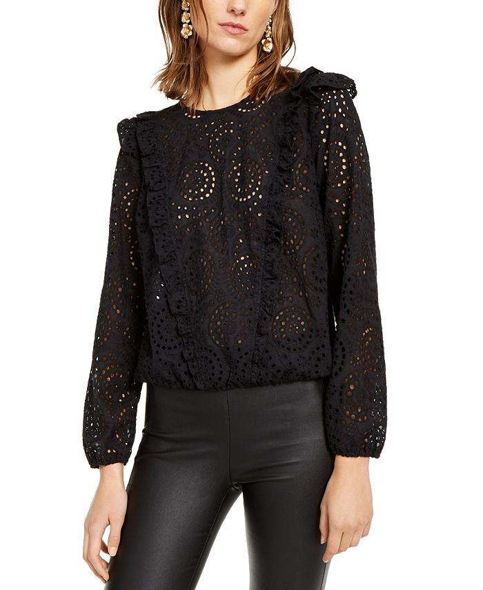 Blusa feminina com babados e ilhós da INC International Concepts, preta, tamanho XS