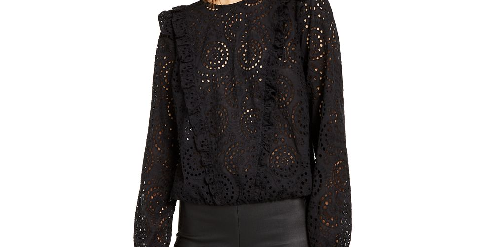 Blusa feminina com babados e ilhós da INC International Concepts, preta, tamanho XS