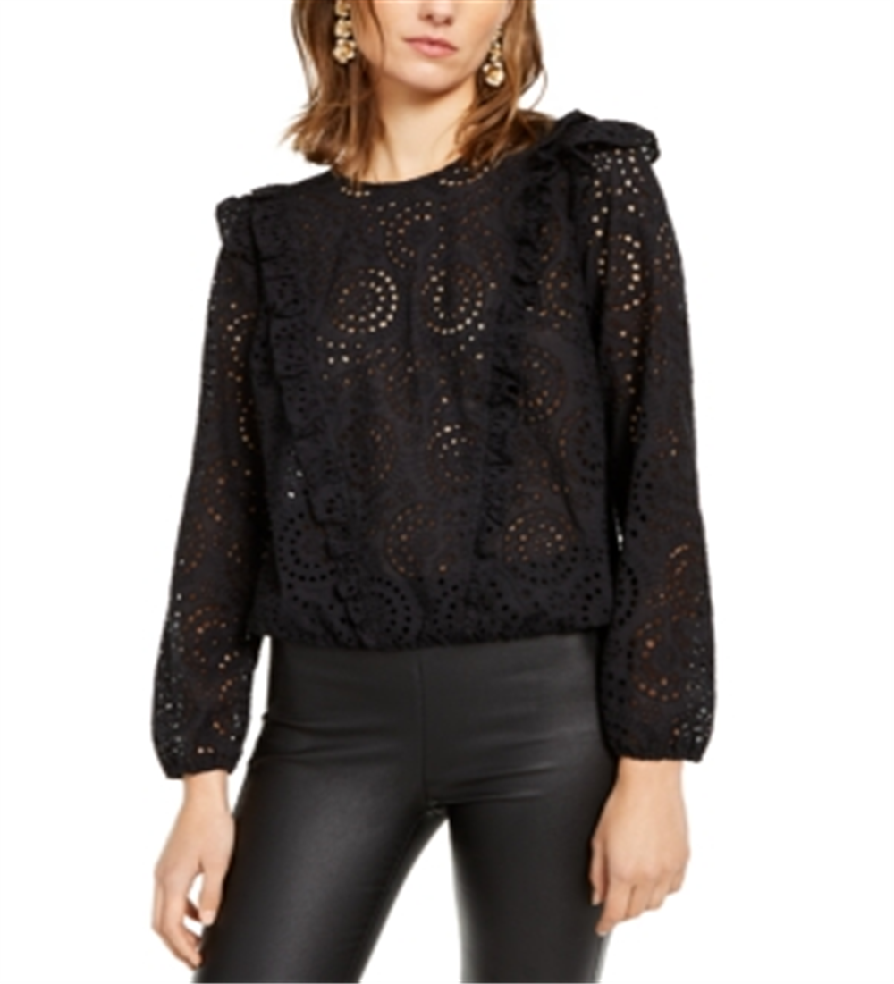 Blusa feminina com babados e ilhós da INC International Concepts, preta, tamanho XS