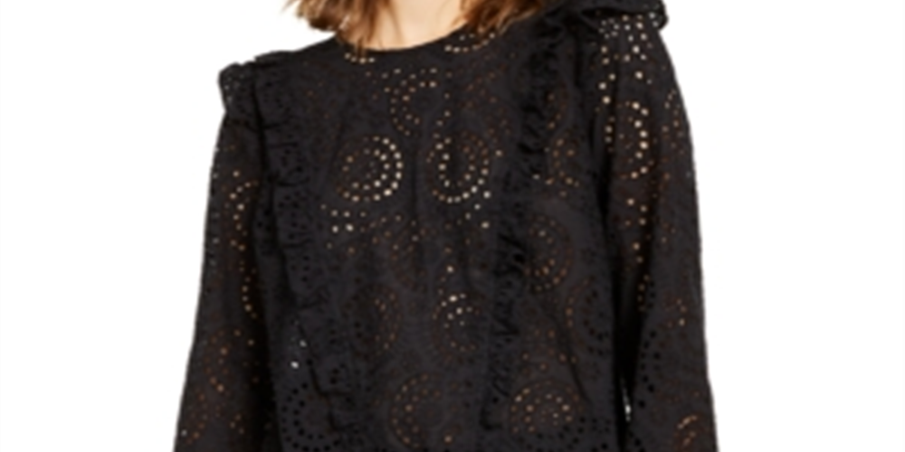 Blusa feminina com babados e ilhós da INC International Concepts, preta, tamanho XS