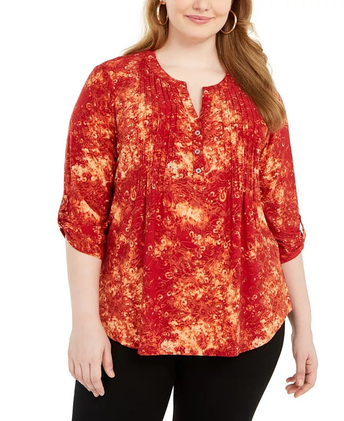 Blusa plissada estampada plue da coleção NY feminina, vermelha, tamanho 1X