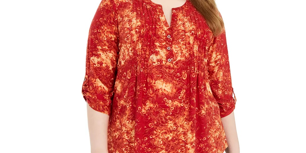Blusa plissada estampada plue da coleção NY feminina, vermelha, tamanho 1X