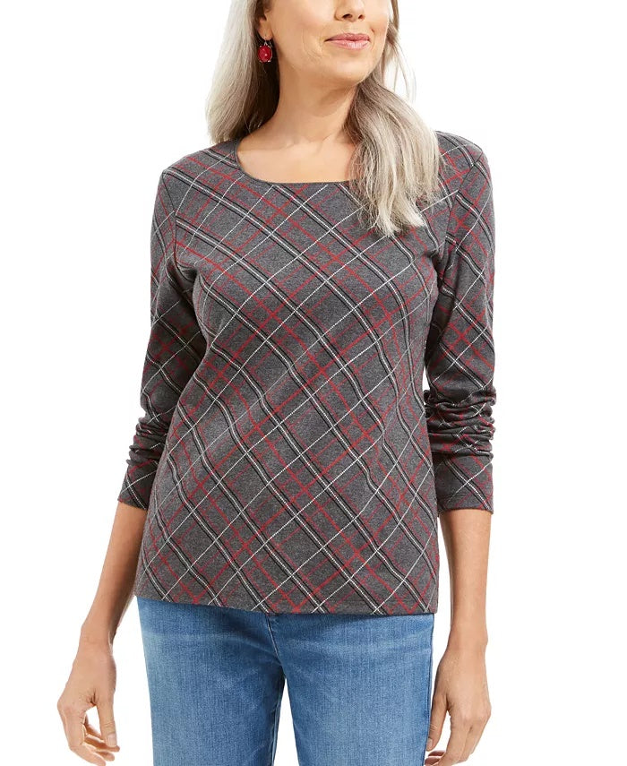 Karen Scott Top feminino Holly Plaid com detalhes em vermelho, tamanho XX-G