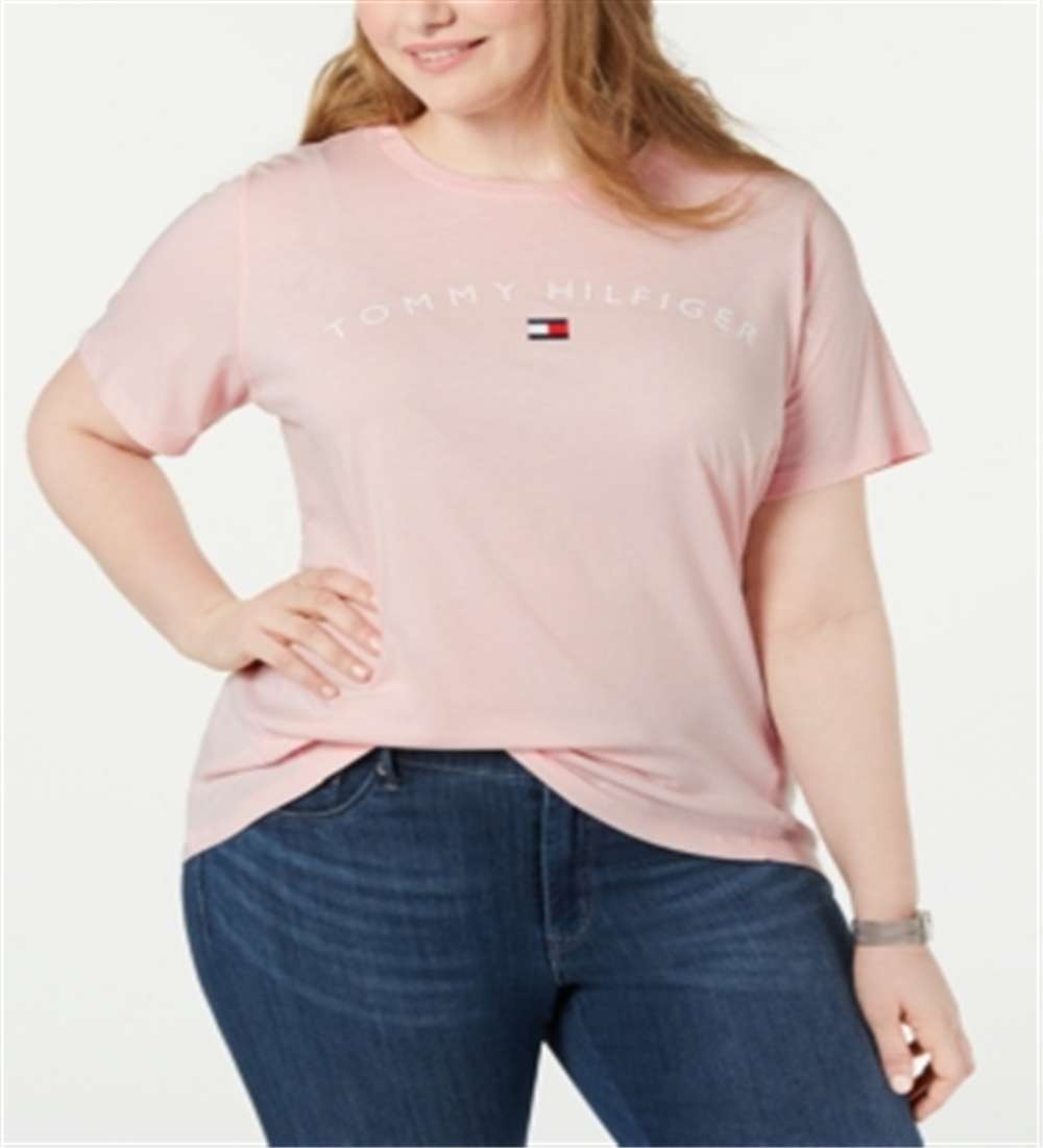 Camiseta feminina Tommy Hilfiger com estampa de logotipo rosa, tamanho 2X