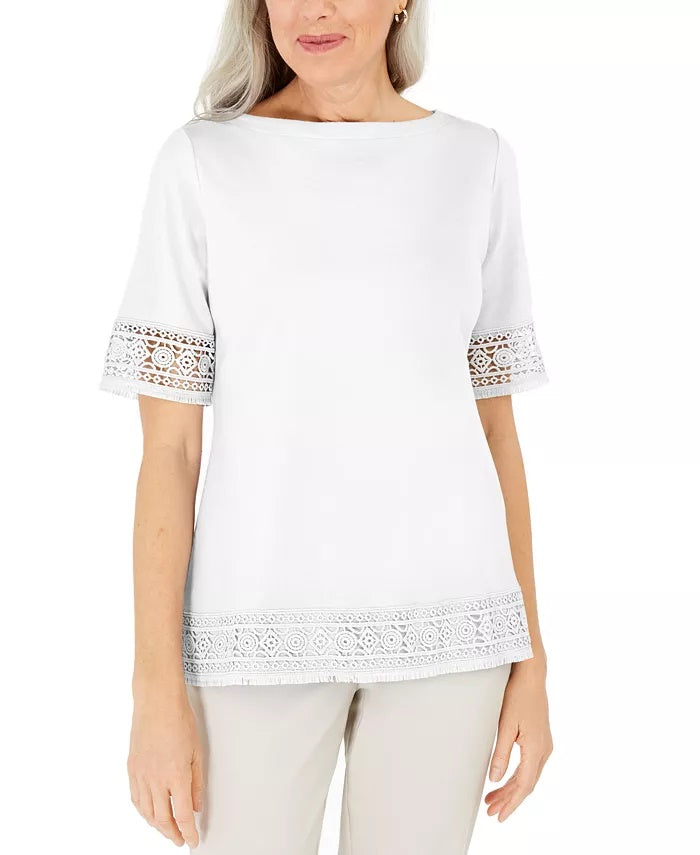 Karen Scott Blusa de crochê de algodão com franjas, tamanho X-S