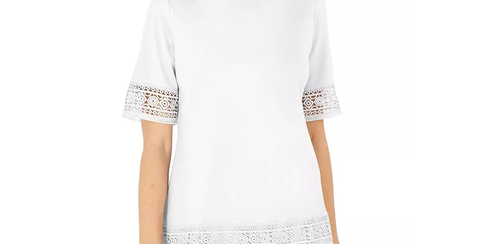 Karen Scott Blusa de crochê de algodão com franjas, tamanho X-S