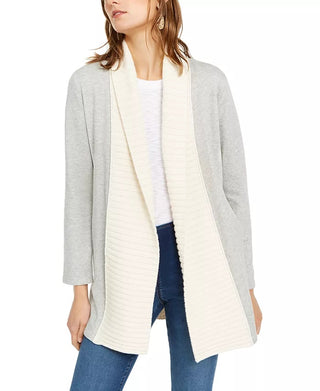 Cardigan feminino INC International Concepts com ponto misto e acabamento em tricô trançado, cinza, tamanho médio