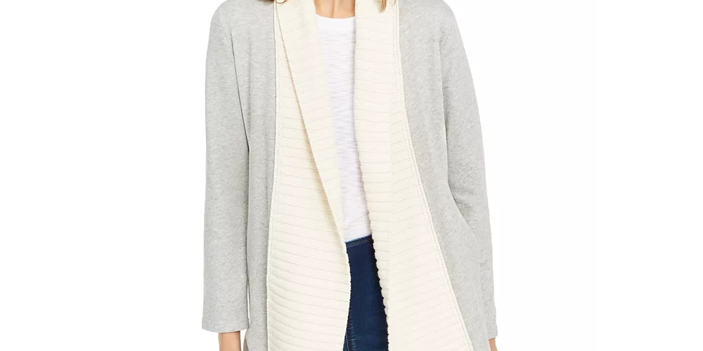 Cardigan feminino INC International Concepts com ponto misto e acabamento em tricô trançado, cinza, tamanho médio