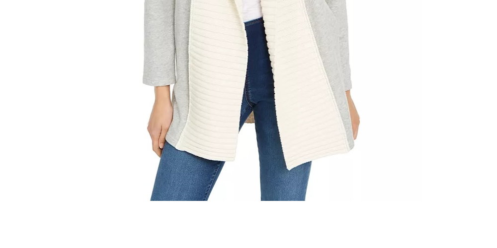Cardigan feminino INC International Concepts com ponto misto e acabamento em tricô trançado, cinza, tamanho médio